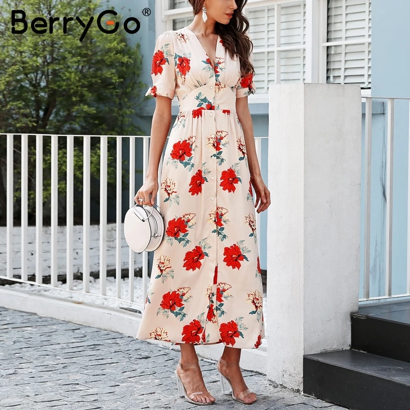 

BerryGo Floral print long summer dress sexy V neck knotted short sleeve maxi dress women Button beach elegant dress 2019