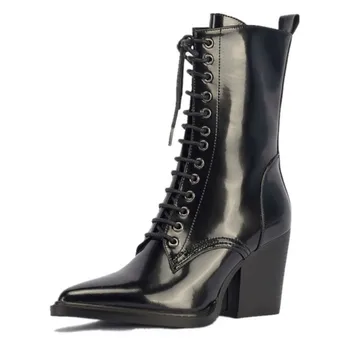

2018 Knight Boots women lace up patent leather Ankle Boots pointy toe square high heels martin boots for ladies botas mujer