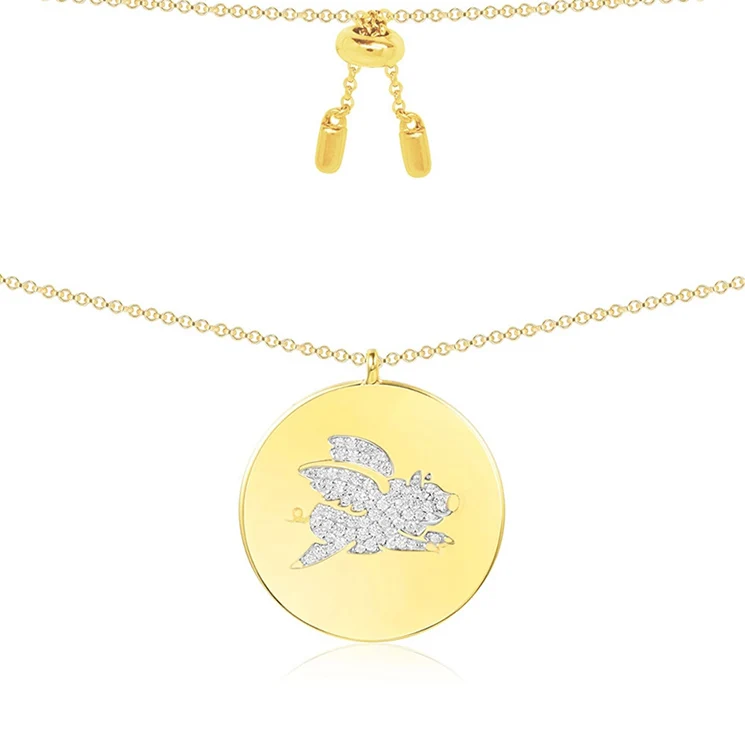 

Zoziri 925 Sterling Silver zircon fly pig necklace, women pendant round disc coin flying pig pendant choker pendant adjust size