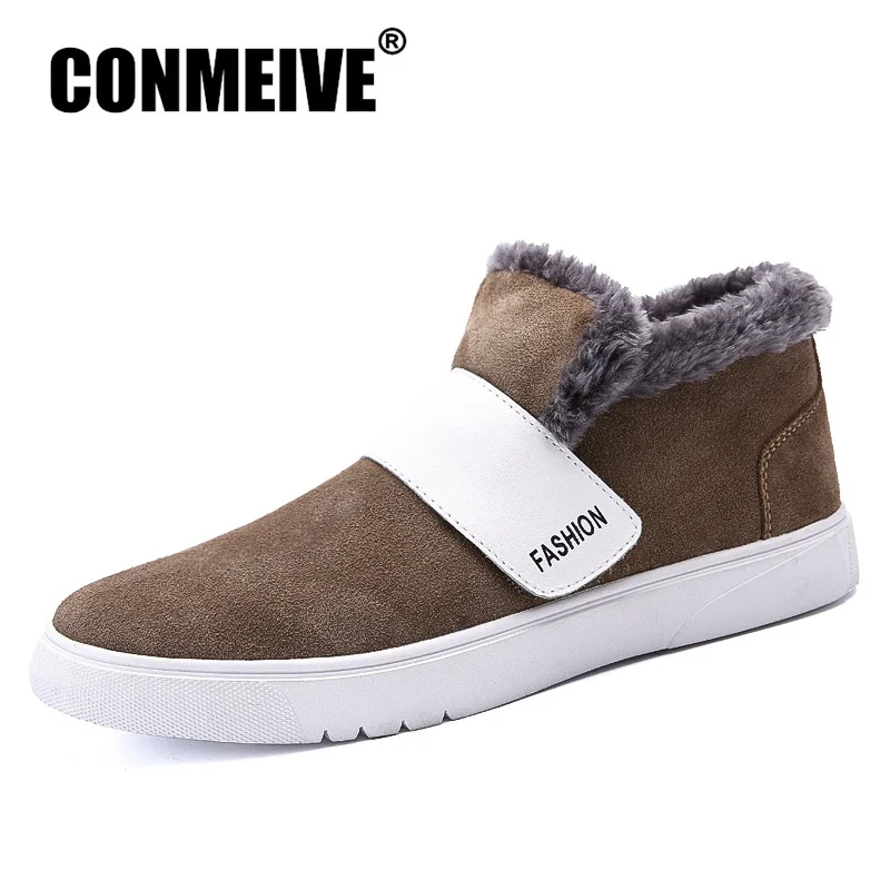 

Winter Fashion Boots Men Cow Suede Leather Work Safety Ankle Snow Boots Hook&loop Luxury Brand Design Warm Fluff Mens Shoes