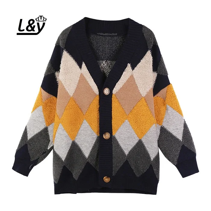 L& Y модный хит цвет Argyle кардиганы свитер осень зима вязаный V шеи свободный крой Повседневный свитер Топ женский Vestidos
