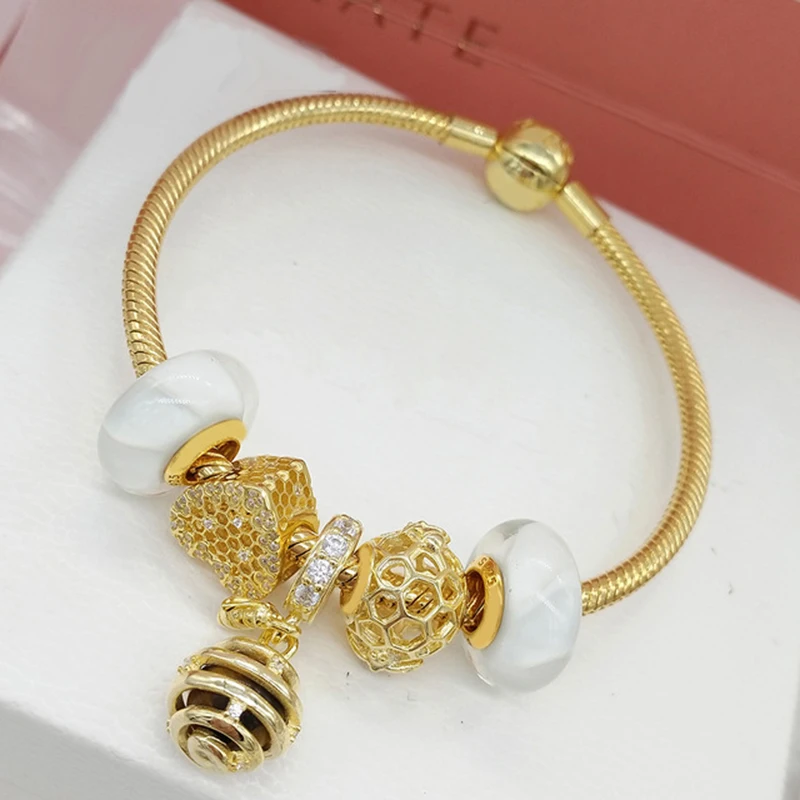 

100% 925 Sterling Silver SHINE Honeybee Charm Honeycomb Lace Charm Shine Queen Bee Pendant Gold Sweet Bracelet Set