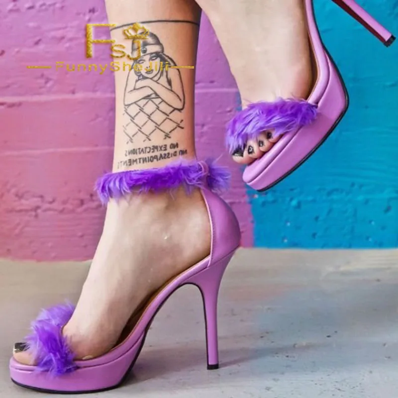 Aliexpress.com : Buy Lilac Fur Heels Platform Ankle Strap Stiletto Heel Sandals Summer Autumn 