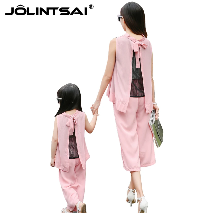 Summer Chiffon Tracksuit For Women 2016 Matching Mother And Daughter Clothes Sleeveless Lace Tops Pants Set Family Look Clothing | Мать и