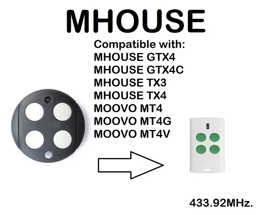 

MHOUSE GTX4, GTX4C, TX3, TX4 MT4 MT4G MT4V Compatible Remote Control Rolling code 433.92MHz.