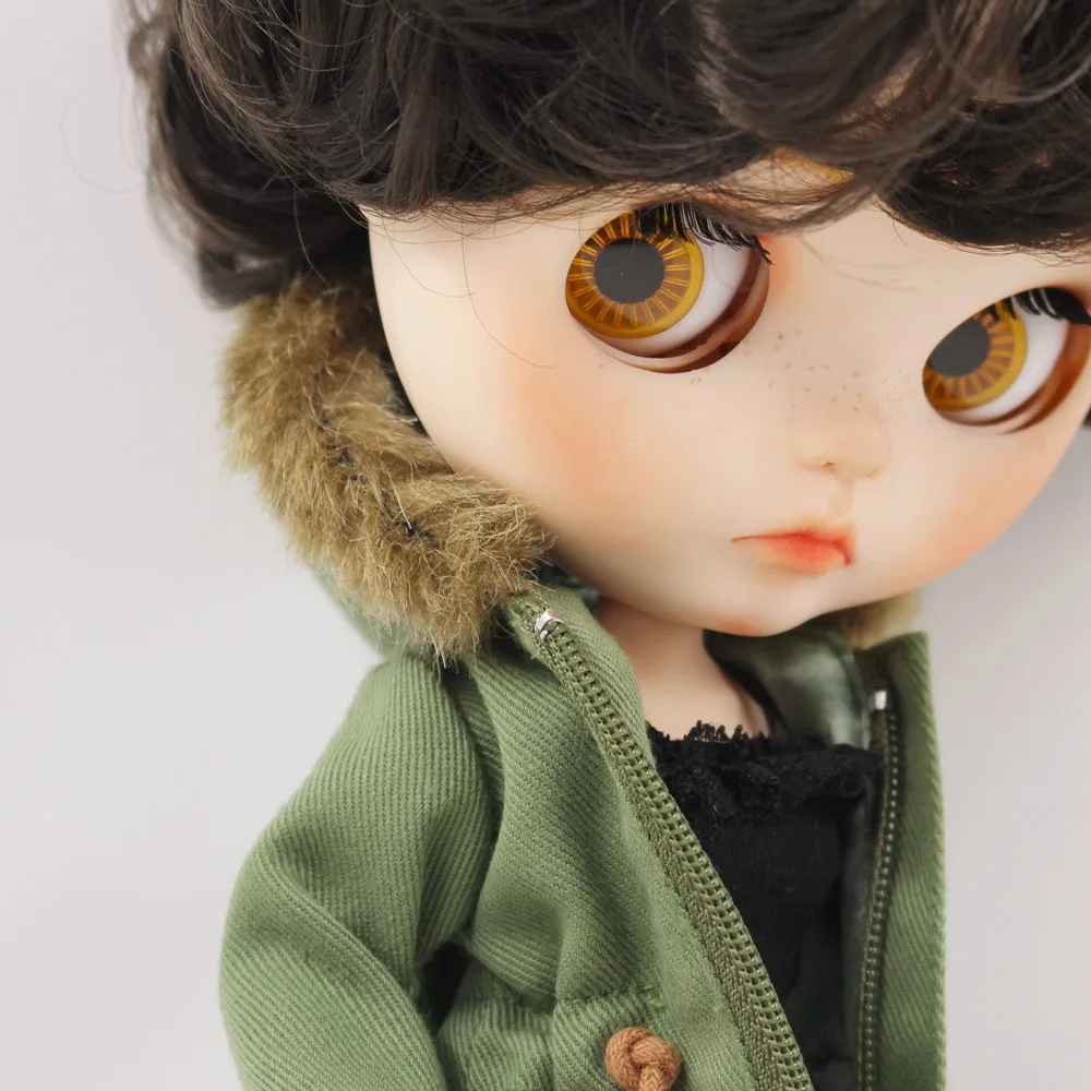 Neo Blythe Doll Denim Shorts Black Lace Bra with Green Army Jacket 6