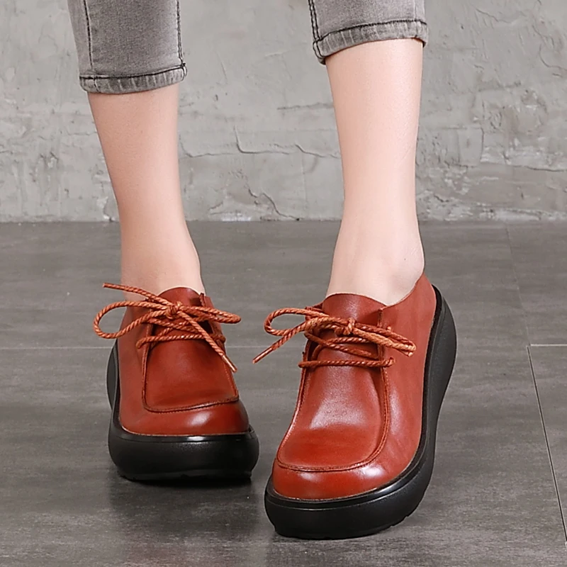 

2018 Leather Women Pumps New Arrival Original Leather Lady Platform Shoes Lace Up Handmade Light Female Wedge Shoes