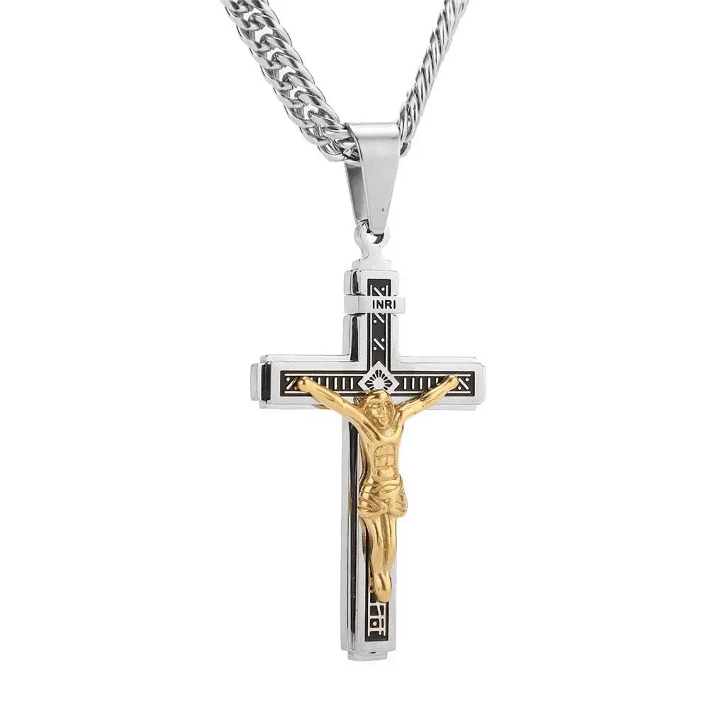 Pendentif Collier Croix Jesus Christ Argent Homme Chaine offerte 24" 7MM 