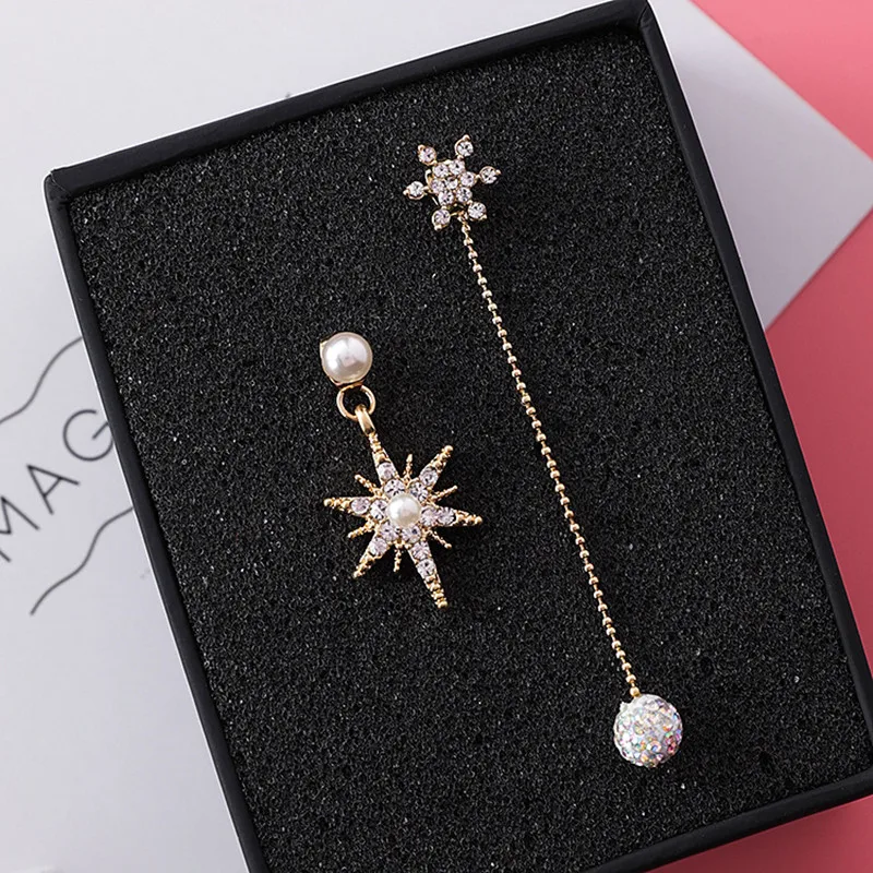 

Asymmetric Bling Rhinestone Star Long Drop Dangle Earrings Round Ball Pendant Earring Fashion New Jewelry For Women 6A3022
