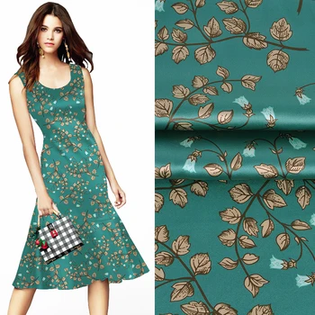 

118CM Wide 19MM Brown Leaves Print Stretch Dark Green Silk Satin Fabric Good for Summer Dress Skirt Shirt Pants JH158