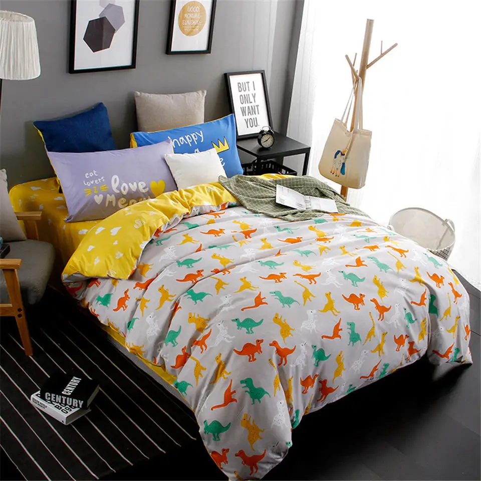 

2019 New Colored Dinosaur Kids Bedding Set Autumn Winter Bed Clothes Polyester Plain Super King Size Bedding Sets Home Beddings