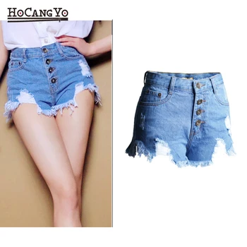 

Summer Women Denim Shorts Large Size Ripped Hole Jean Shorts Women Casual High Waist Sexy Short Jeans Blue Tassels Cotton Shorts