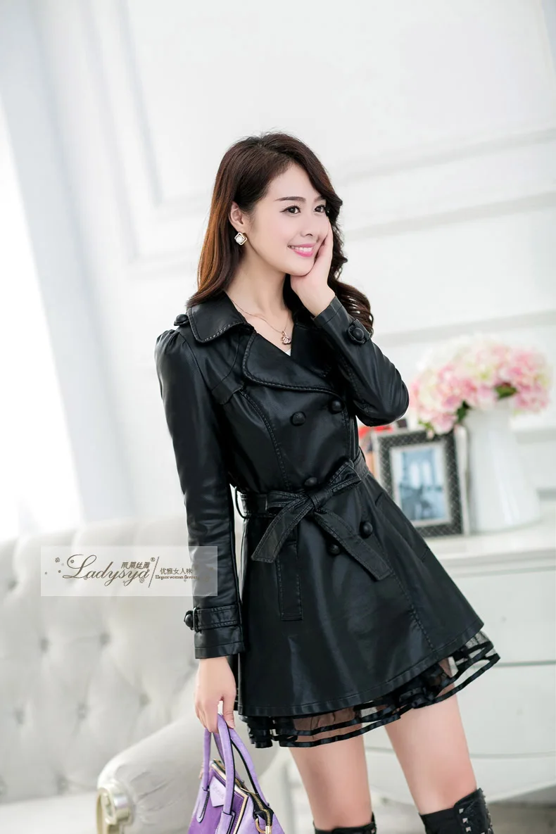 Модная Длинная кожаная куртка размера плюс 5XL, женское кожаное пальто, осень, женские кружевные кожаные куртки, пальто черного цвета