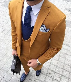 

2019 Latest Coat Pant Designs Yellow Brown Double Breasted Men Suit Terno Slim Fit Skinny 3 Piece Tuxedo Custom Blazer Masculino