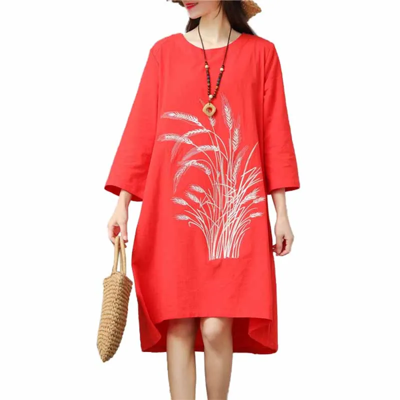 

Fashion 2022 New Women's Summer Cotton Linen Dress Embroidery Loose Dresses Print Casual Tops Female Cozy Dress Vestidos G117