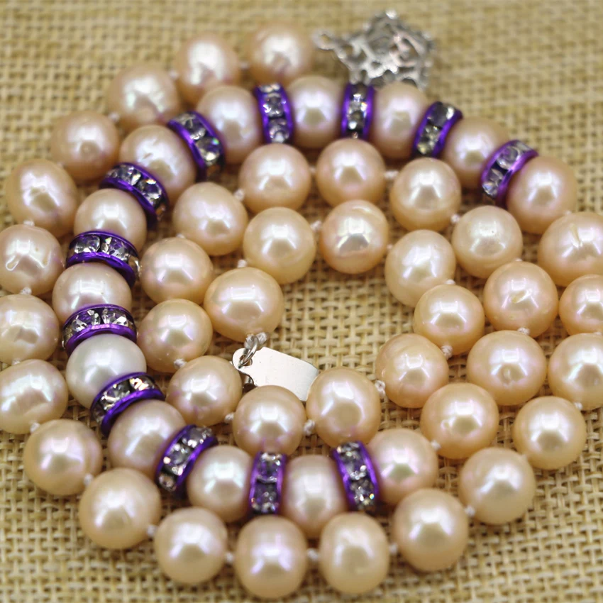 

Natural orange nearround pearl 9-10mm beads chain necklace for women purple spacers crystal choker charms jewelry 18inch B3112