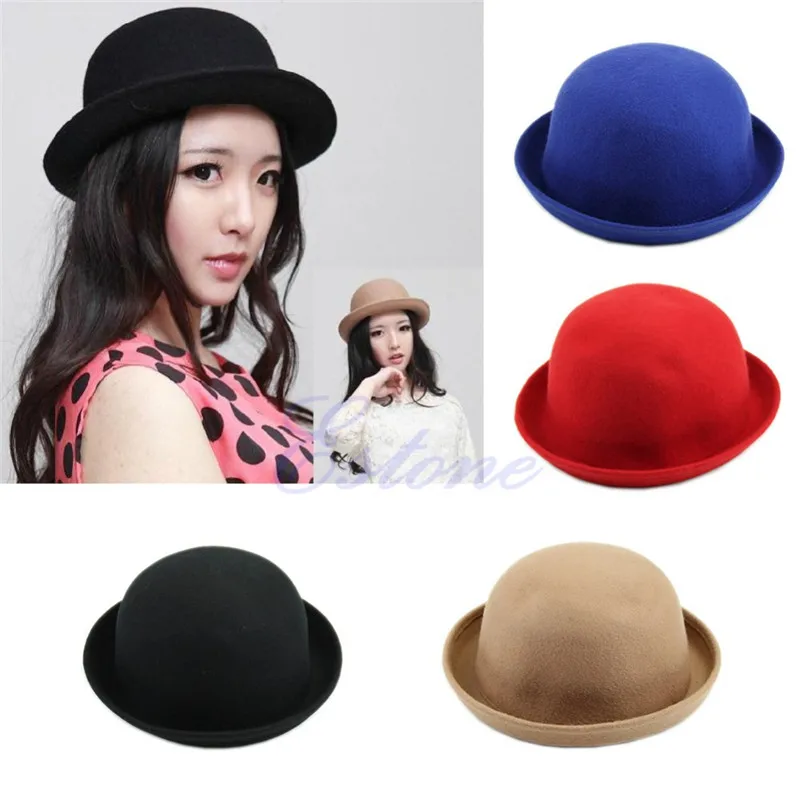 

CRFGVBG Fashion 2017 New Hot Vintage Women Lady Cute Trendy Wool Felt Bowler Derby Hat Cap Winter Warm Hat Solid 4 colors