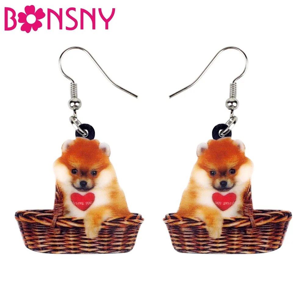 

Bonsny Acrylic Sweet Basket Heart Pomeranian Dog Earrings Dangle Drop Anime Animal Jewelry For Women Girl Pet Lovers Gift Charms