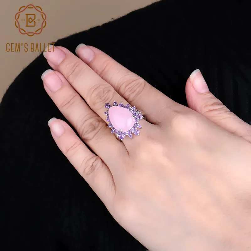 GEM'S BALLET Natural Pink Chalcedony Gemstone Ring 925 Sterling Silver Vintage Elegant Cocktail Rings for Women Fine Jewelry GEM'S BALLET Natural Pink Chalcedony Gemstone Ring 925 Sterling Silver Vintage Elegant Cocktail Rings for Women Fine Jewelry