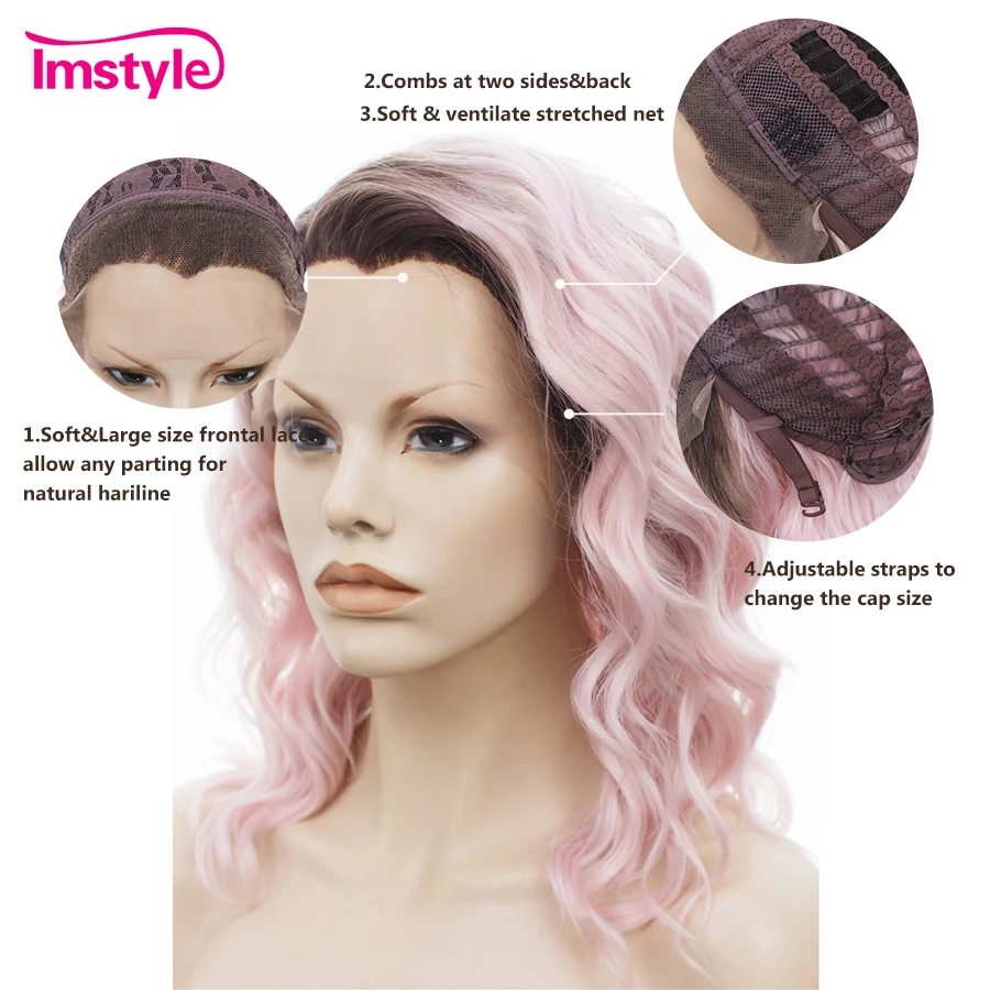 Imstyle кудрявый Ombre розовый короткий боб парик кружевные передние парики для женщин