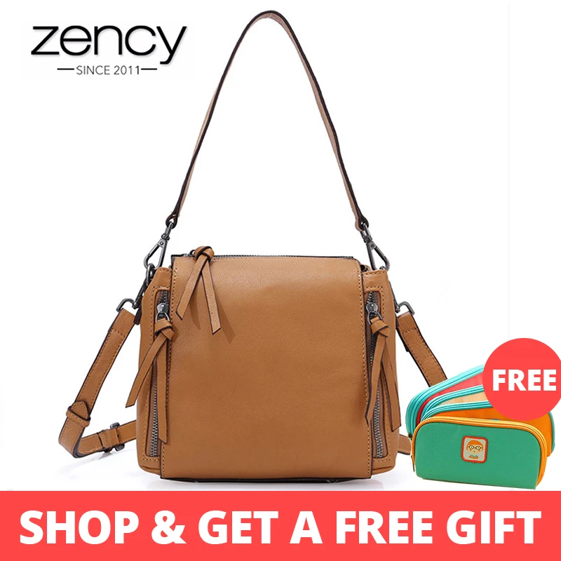 

Zency 100% Genuine Leather Fashion Women Shoulder Bag Both Side Zippers Fashion Lady Crossbody Purse Elegant Bucket Brown Pink