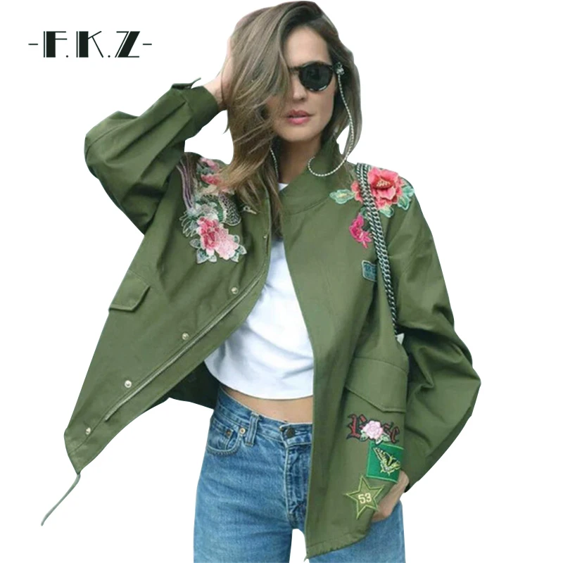 FKZ Women Army Green Floral Embroidery Bomber Jacket Patched Rivet