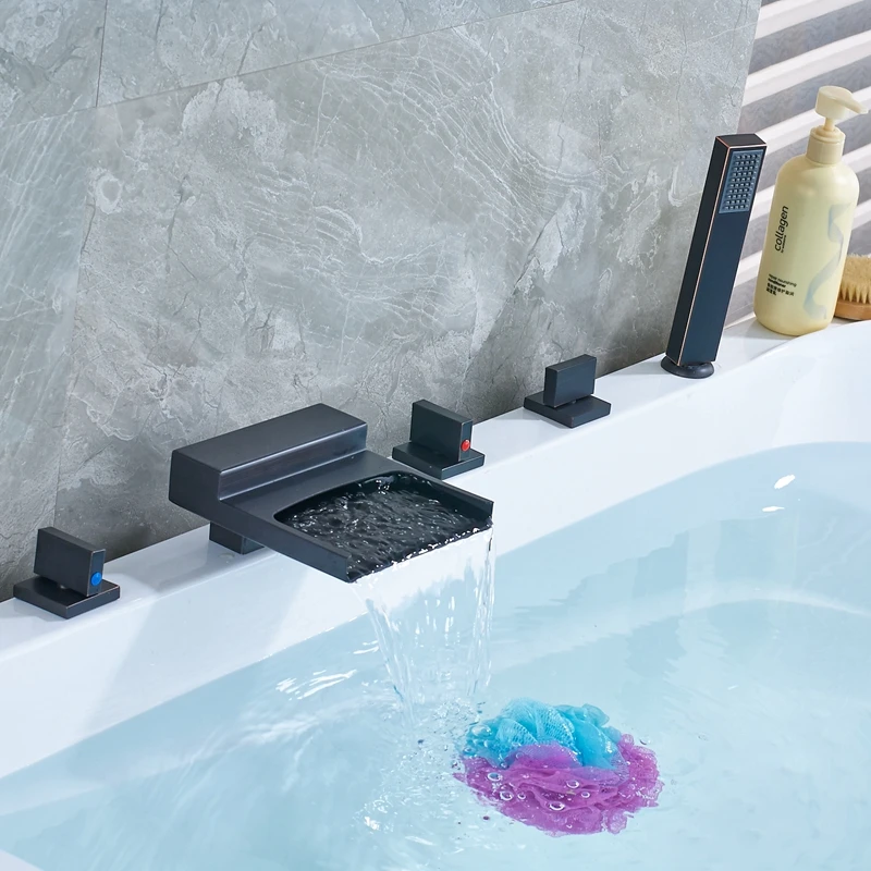 

Modern Three Handles Oil Rubbed Bronze Shower Faucet 5PC Deck Mounted Mixer Tap Set
