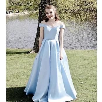 

HONGFUYU Off the Shoulder Prom Dresses Satin A Line Formal Evening A-line Party Dress Floor Length robe de soiree with Pockets