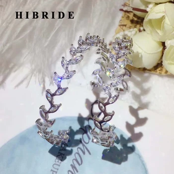 

HIBRIDE Luxury Leaf Shape Baguette Hoop Earrings For Women Bridal Wedding Brincos Party American Hoop Earring Wholesale E-940