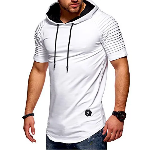Newest Ribbed Hooded T Shirt Men Fashion Shoulder Fold Short Sleeve ...
