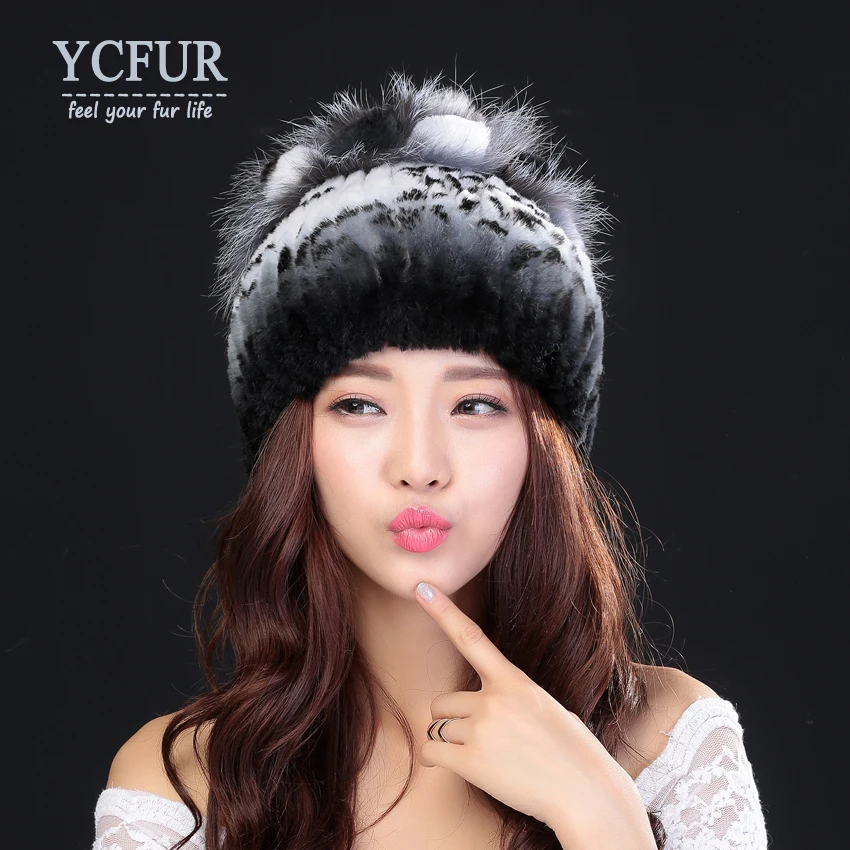 

[YCFUR] Women Beanies Hats Winter Sew Strips Rex Rabbit Fur Caps Hats Warm Fur Hat Beanie Female
