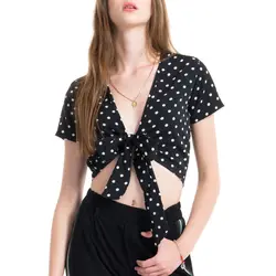 Блузка в горошек Сексуальная Глубокий V образным вырезом укороченный Топ короткий рукав рубашка Лето Boho женские топы и блузки Blusas Mujer De Moda