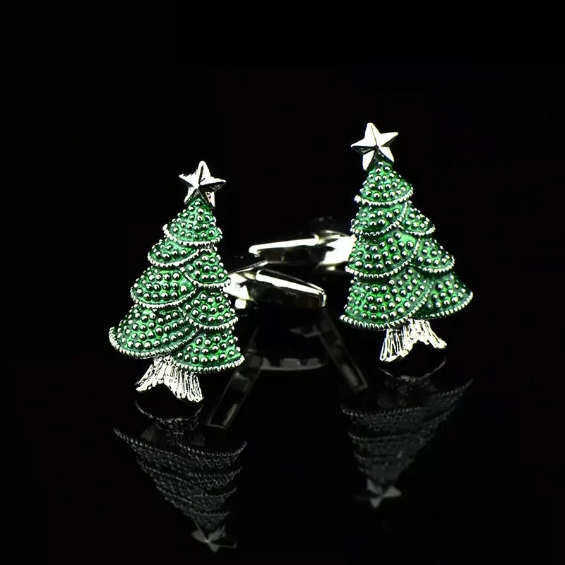 

Bridegroom Wedding Business Men French Shirts Cuff Links Green Enamels Christmas Tree Cufflinks Silvery Cufflink With Gift Bag