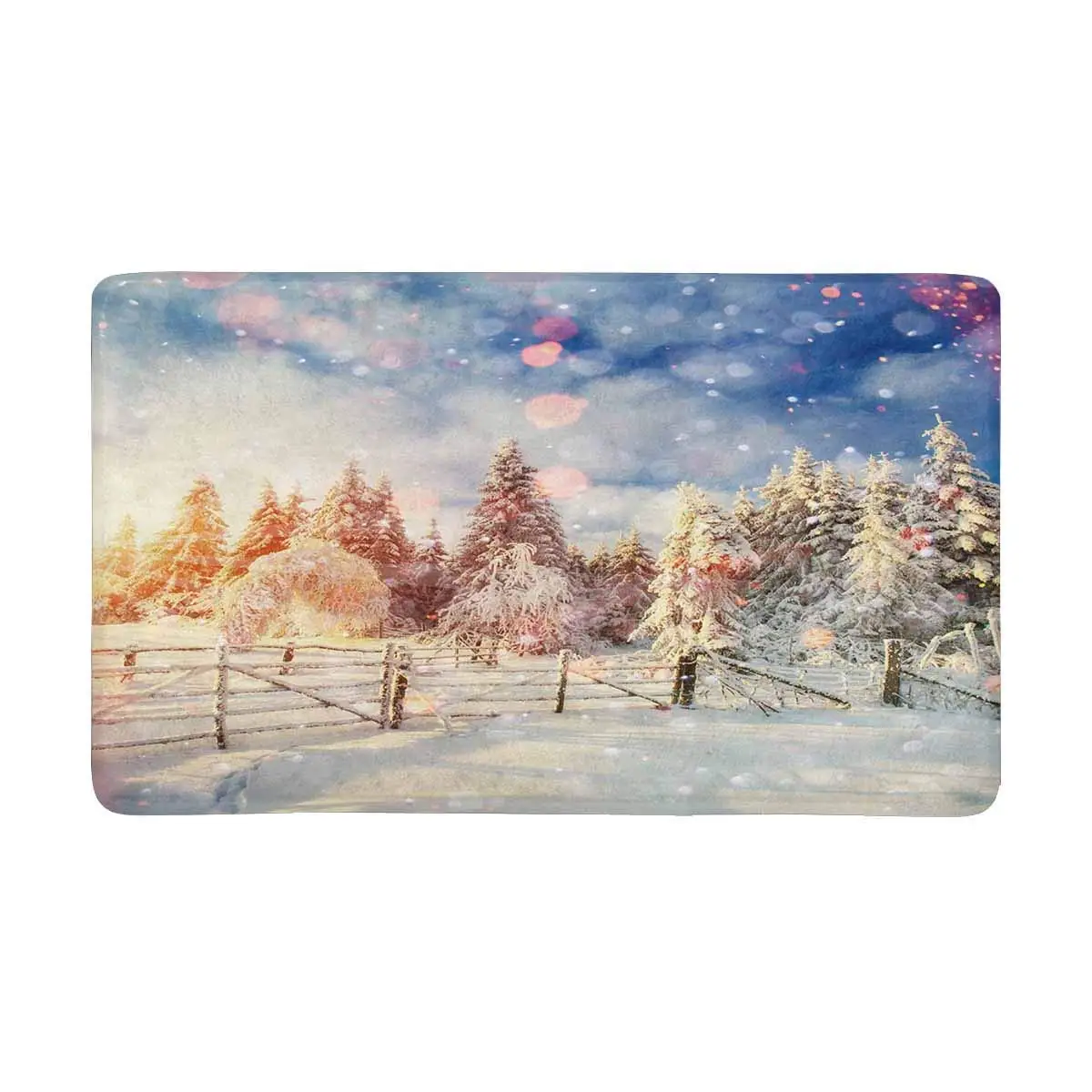 Красивый зимний пейзаж деревья со снежными хлопьями крытый половик у двери