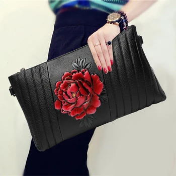 

National Soft Ladies Banquet Hand Clutch Genuine Leather Long Wallet Purse Women Flowers Evening Chain Shoulder Bag Wristlets