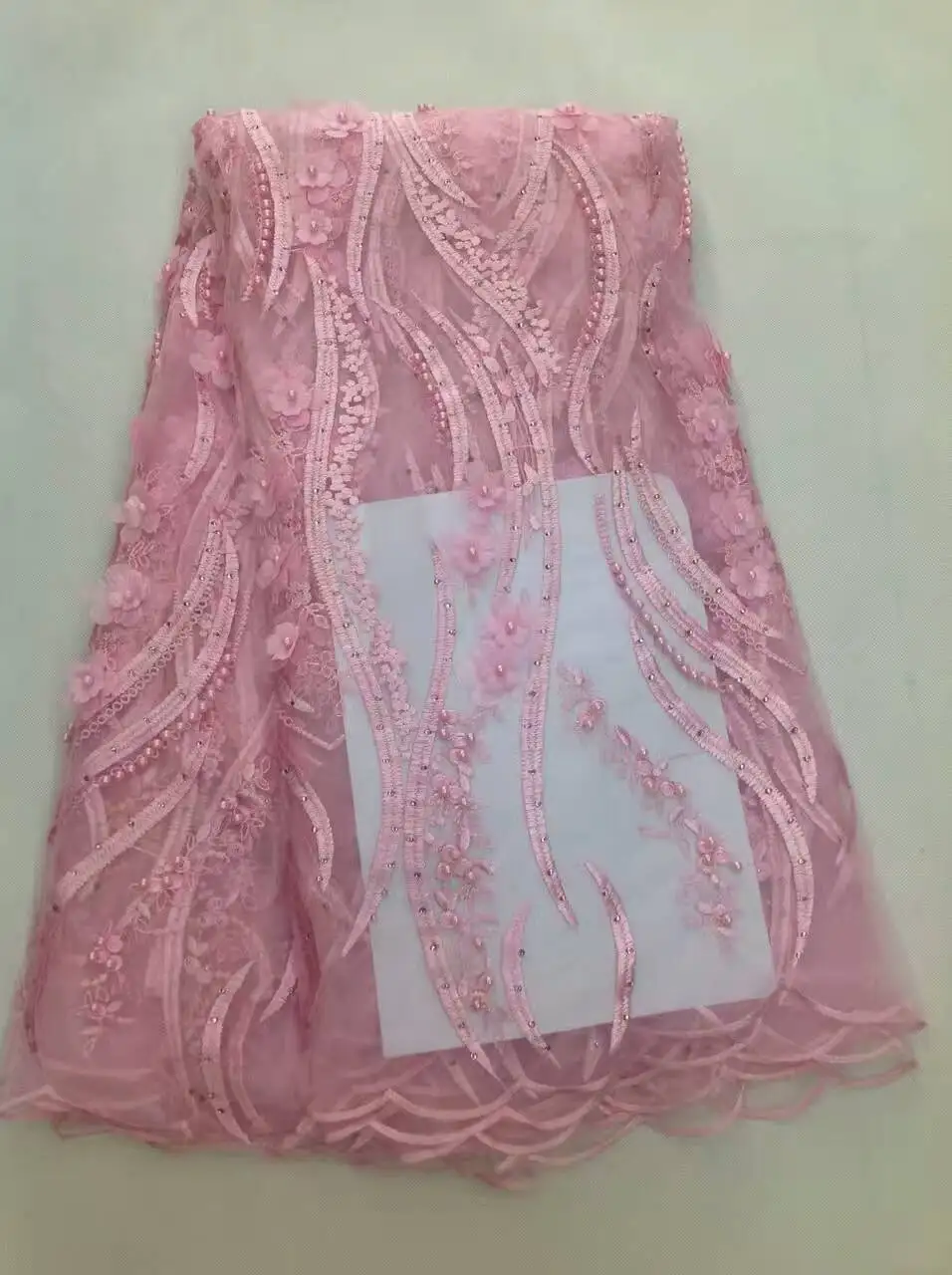 

Hot French Nigerian net lace with beads and stones,African tulle mesh lace fabric high quality for party wedding dress K-L1061