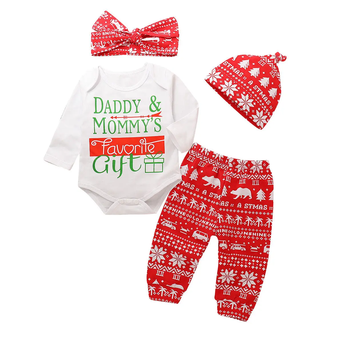 

2018 Christmas 4PCS Newborn Boy Girl Baby Daddy Mommy Gift Outfits Bodysuit+Red Pants+Headband Xmas Autumn Set