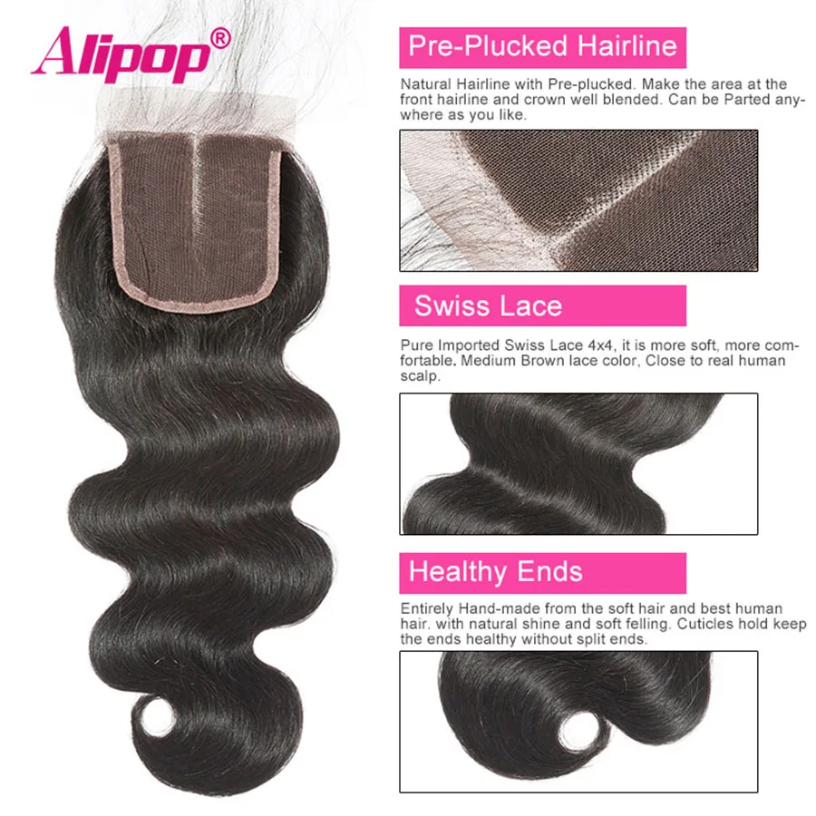 3 Bundles Body Wave 100% Human Hair Bundles With Closure 4PC ALIPOP Indian Hair Bundles With Closure  4x4 Swiss Lace Remy Hair (8)
