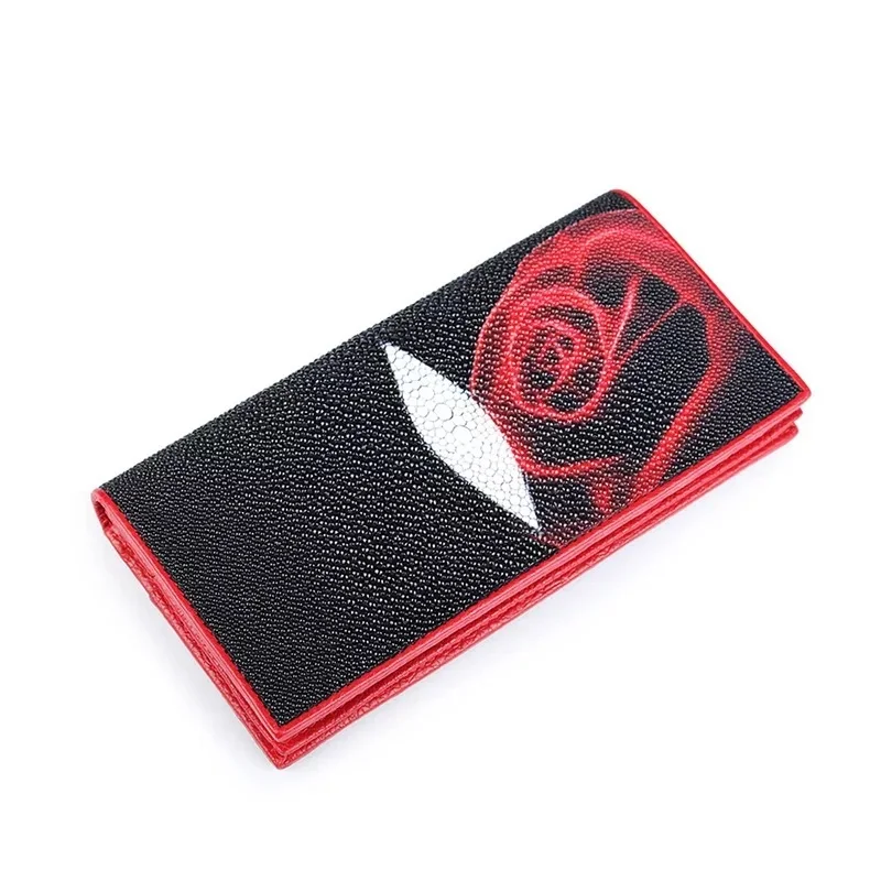 

Authentic Stingray Skin Red Rose Flower Lady Slim Bifold Wallet Female Long Purse Exotic Genuine Leather Women's Clutch Wallet