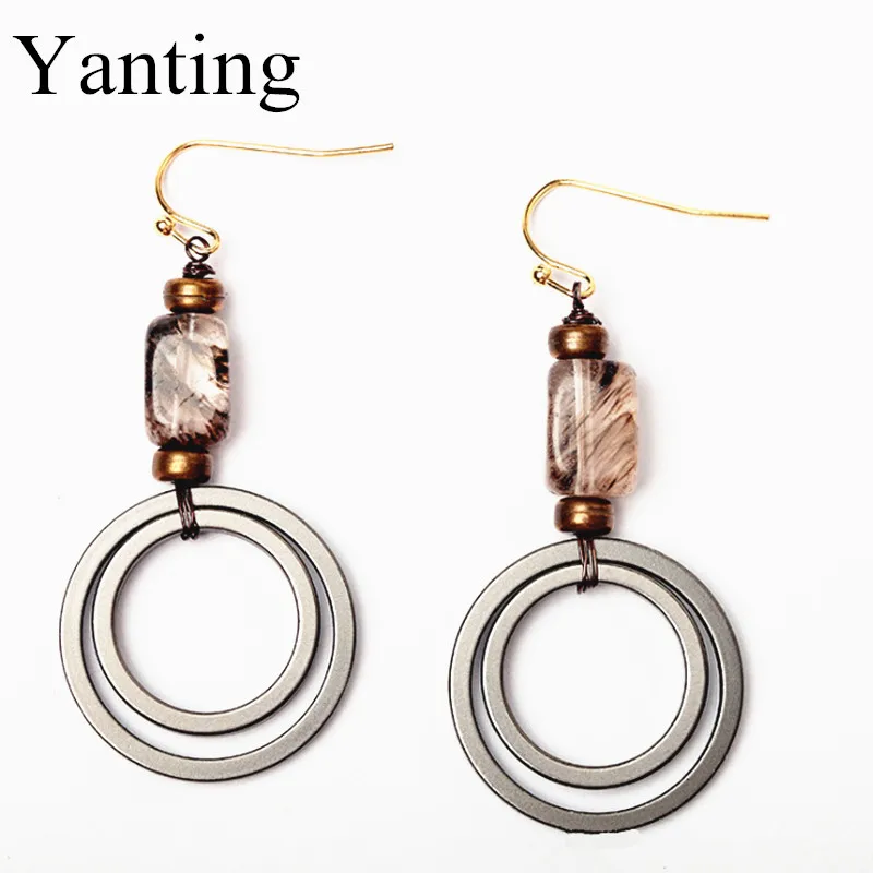 

Yanting vintage earrings for women natural tea crystal stone earings fashion jewelry circle pendant earrings brinco new