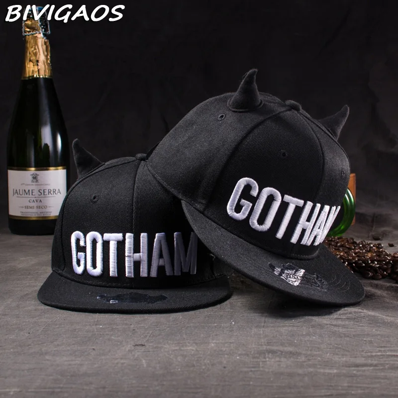 

2016 New Fashion Womens Cute GOTHAM Black Devil Horns Snapback Hats Hip Hop Cap Female Baseball Caps Bones Gorras For Men Women