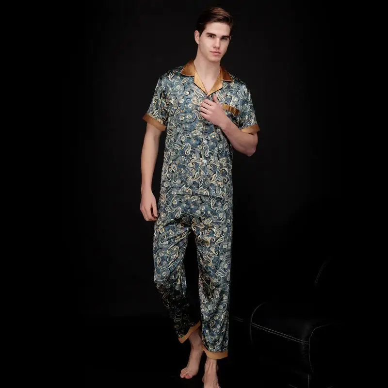 

Mens Fake Silk Men Pajamas Sleepwear Summer Short Sleeve Silk Satin Nightwear Man Plus Size XXXL Paisley Pyjamas set Male