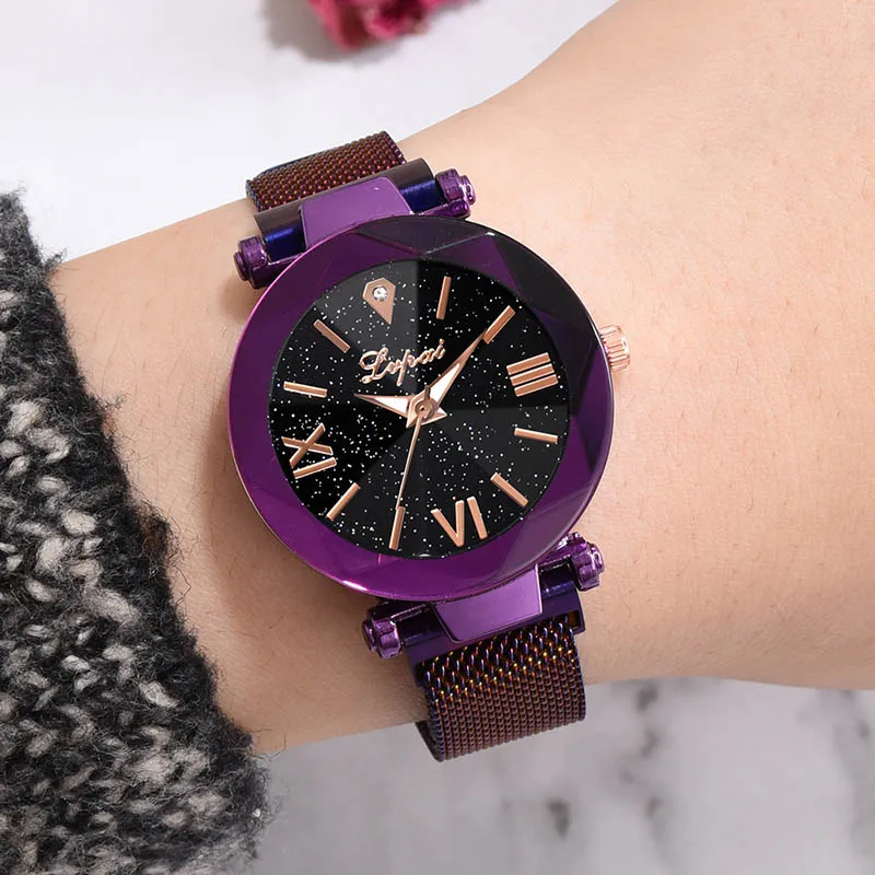 

Newly Women Alloy Mesh Strap Quartz Watch Star Sky Dial Magnetic Buckle Wristwatch FDM