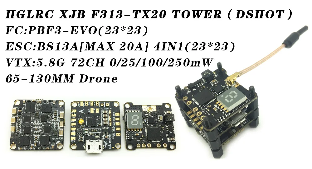 

HGLRC XJB F313-TX20 DSHOT Flight Control BS28A ESC VTX Vedio Transmitter for RC Drones