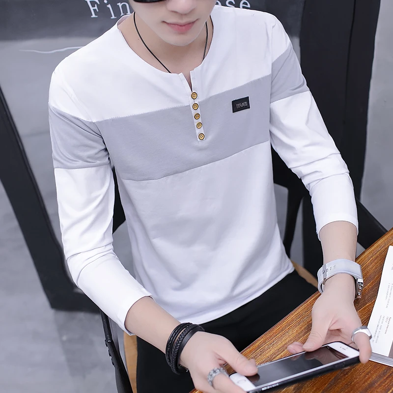 

Men's Long Sleeve T Shirt Spring Autumn Splice Casual V-neck Tops Clothes Cotton Slim Male Wearing Free Shipping