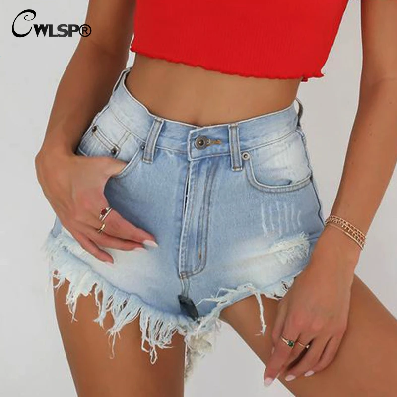 

CWLSP Cotton Jeans Shorts 2018 Women's Summer Denim Vintage Sexy Ripped Slim Hole Tassel Hot Shorts For Femme With Pocket QZ2729