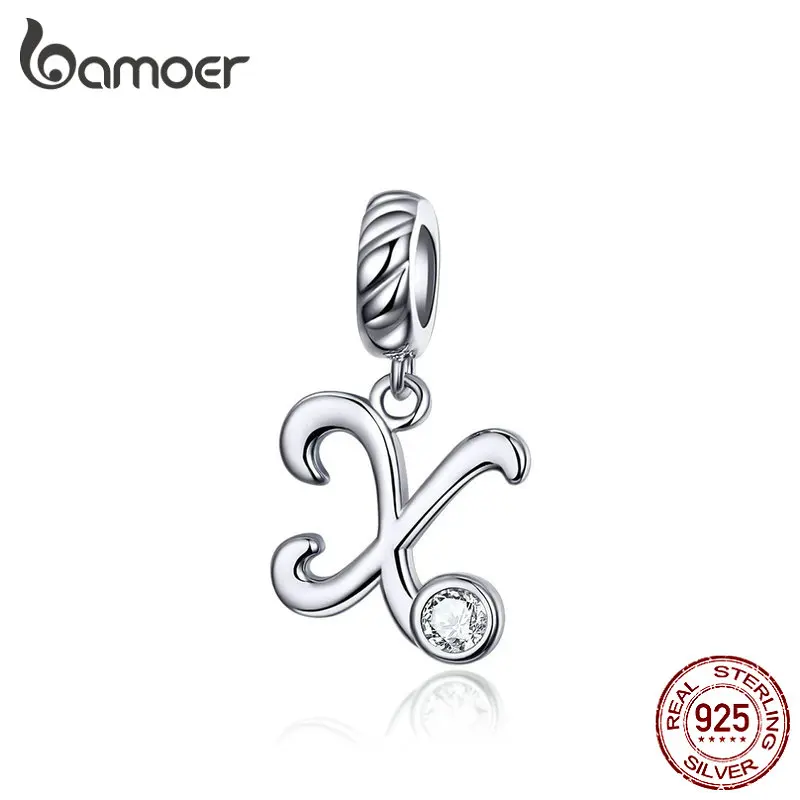 BAMOER 26 Letters alphabet Pendant 925 Sterling Silver Handwritten Language Pendants Charm for Bracelets and Necklace SCC1183 gold ring 925 Silver Jewelry