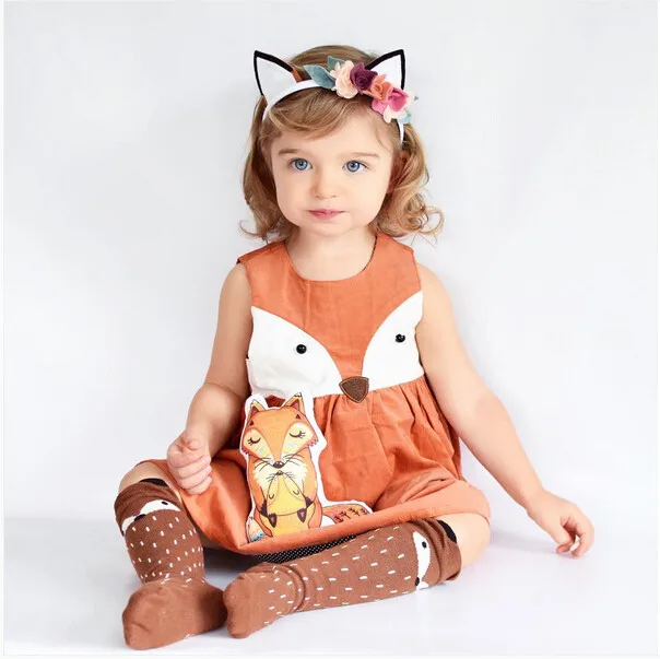 Летние платья для девочек с рисунком лисы; детское Хлопковое платье с рисунком лисы; теплый костюм; комплект одежды для маленьких девочек; D0007