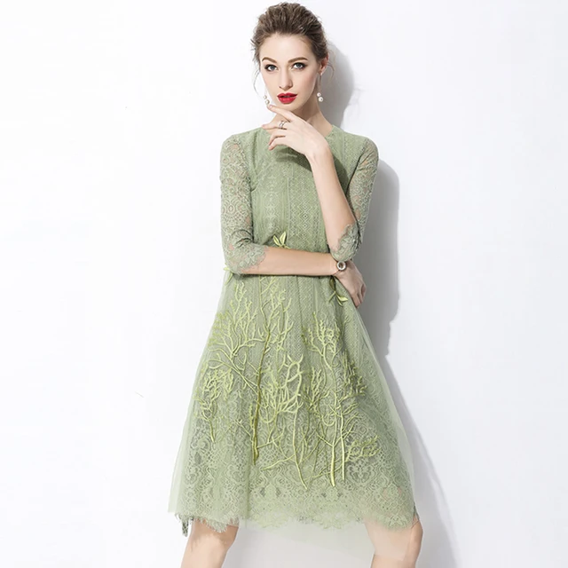 Elegant Light Green Flower Embroidery Dress Summer Office Women Lace