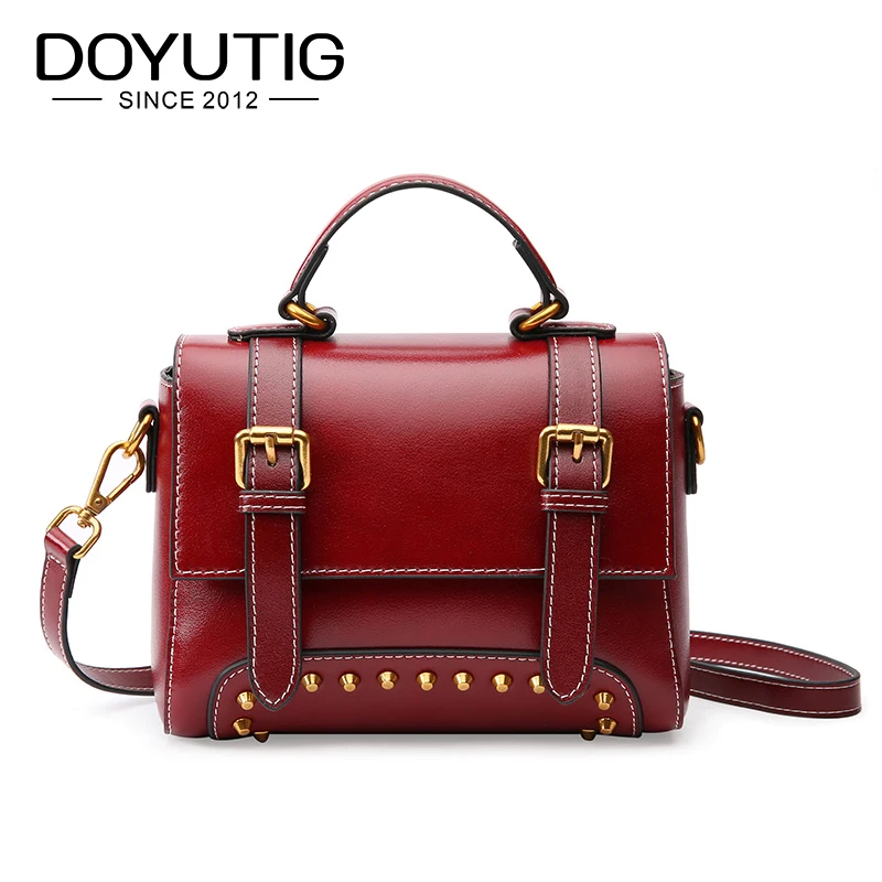 

DOYUTIG European Brand Design Women Genuine Leather Rivet Handbags Real Cow Leather Satchels For School Girl Luxury Bags F625